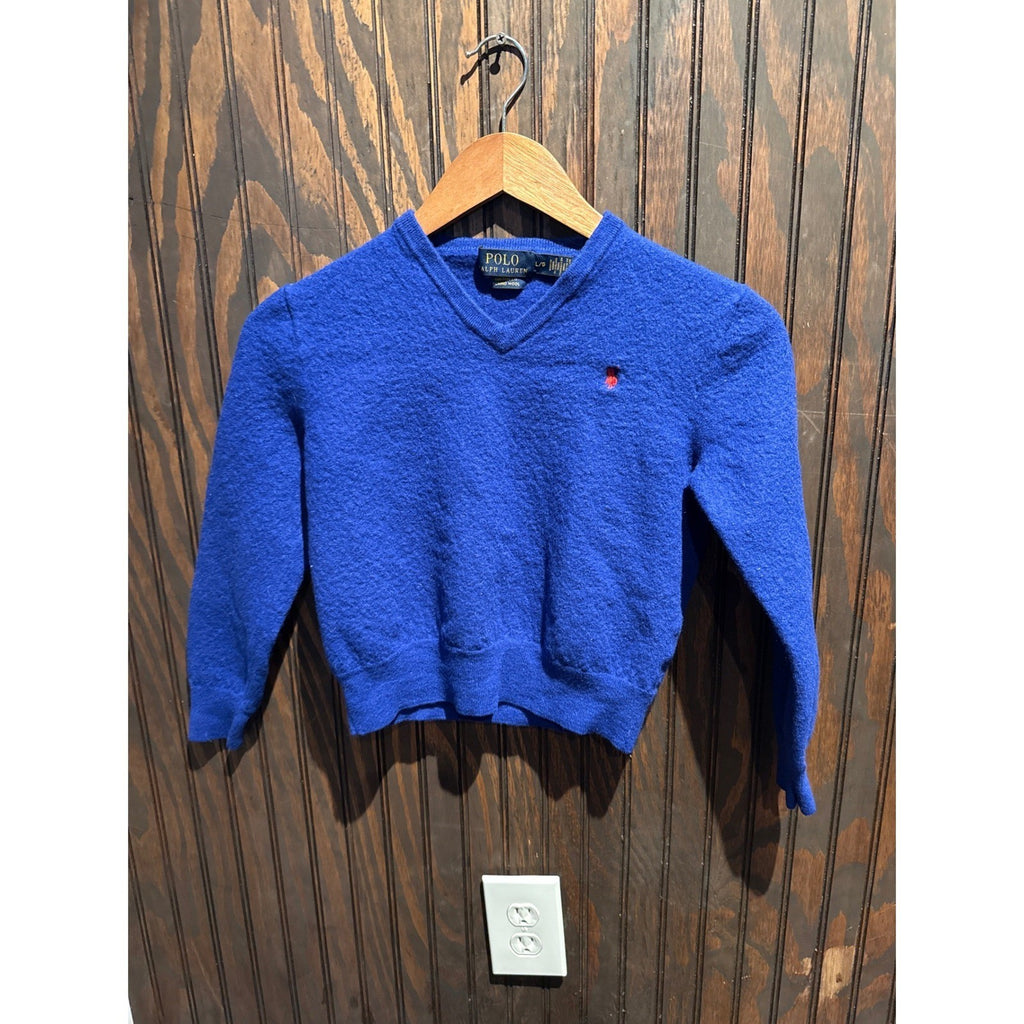 Polo Ralph Lauren Kids Royal Blue Boiled Wool V-Neck Sweater Size L/G 14-16