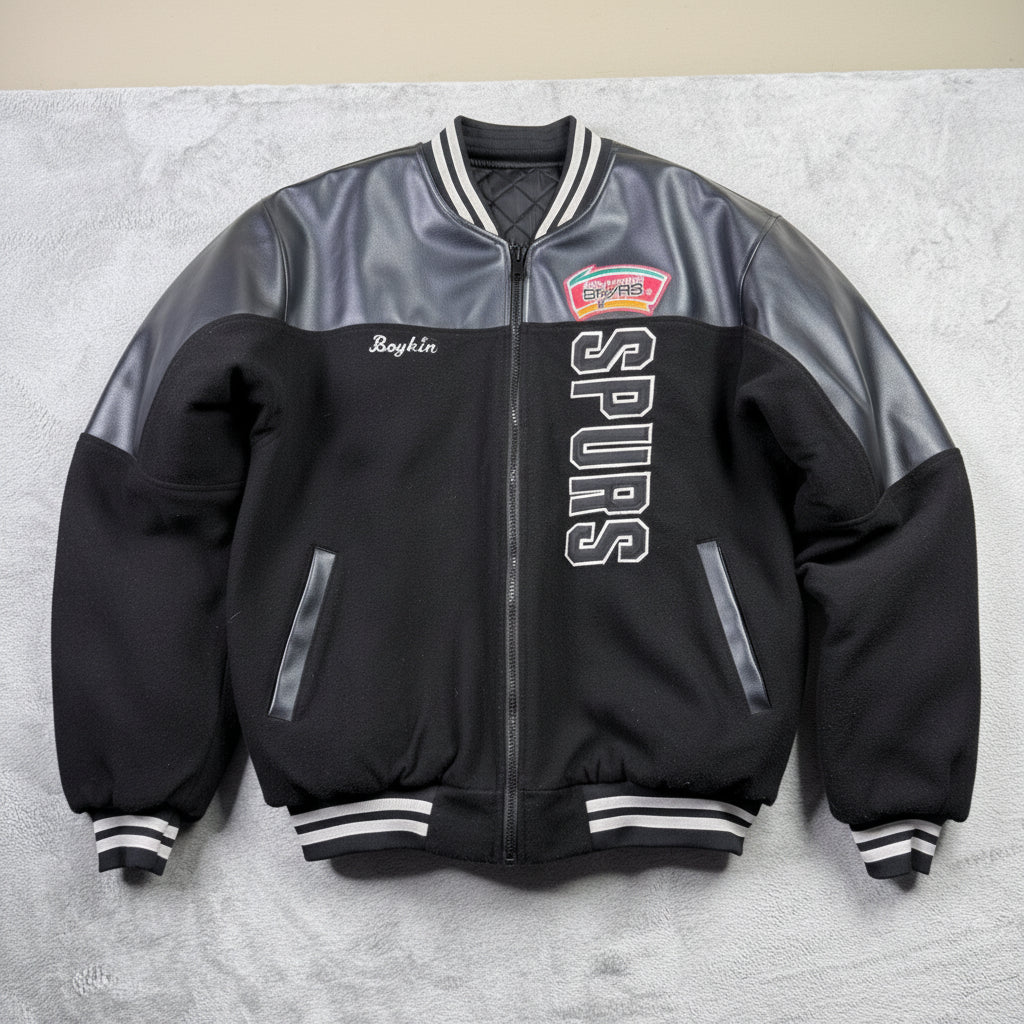 San Antonio Spurs Varsity Jacket Mens Leather Wool Black White Embroidered Logo