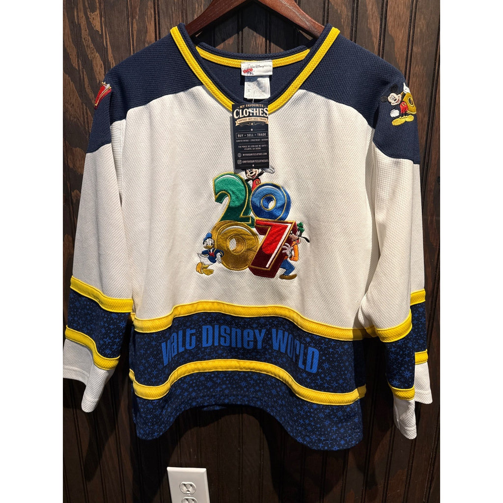 Vintage Walt Disney World 2007 Mickey Mouse Hockey Jersey White Navy Blue Small