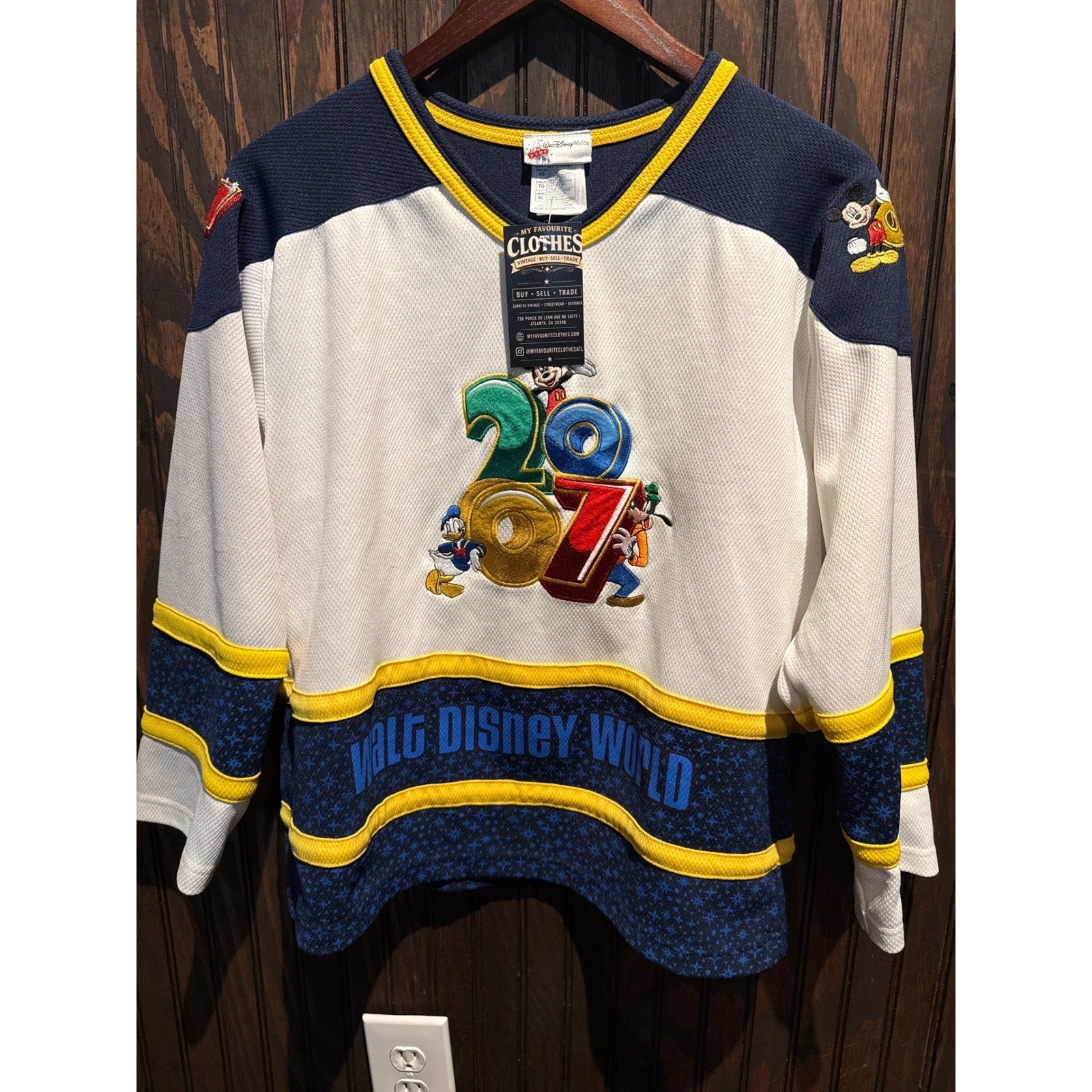 Vintage Walt Disney World 2007 Mickey Mouse Hockey Jersey White Navy Blue Small
