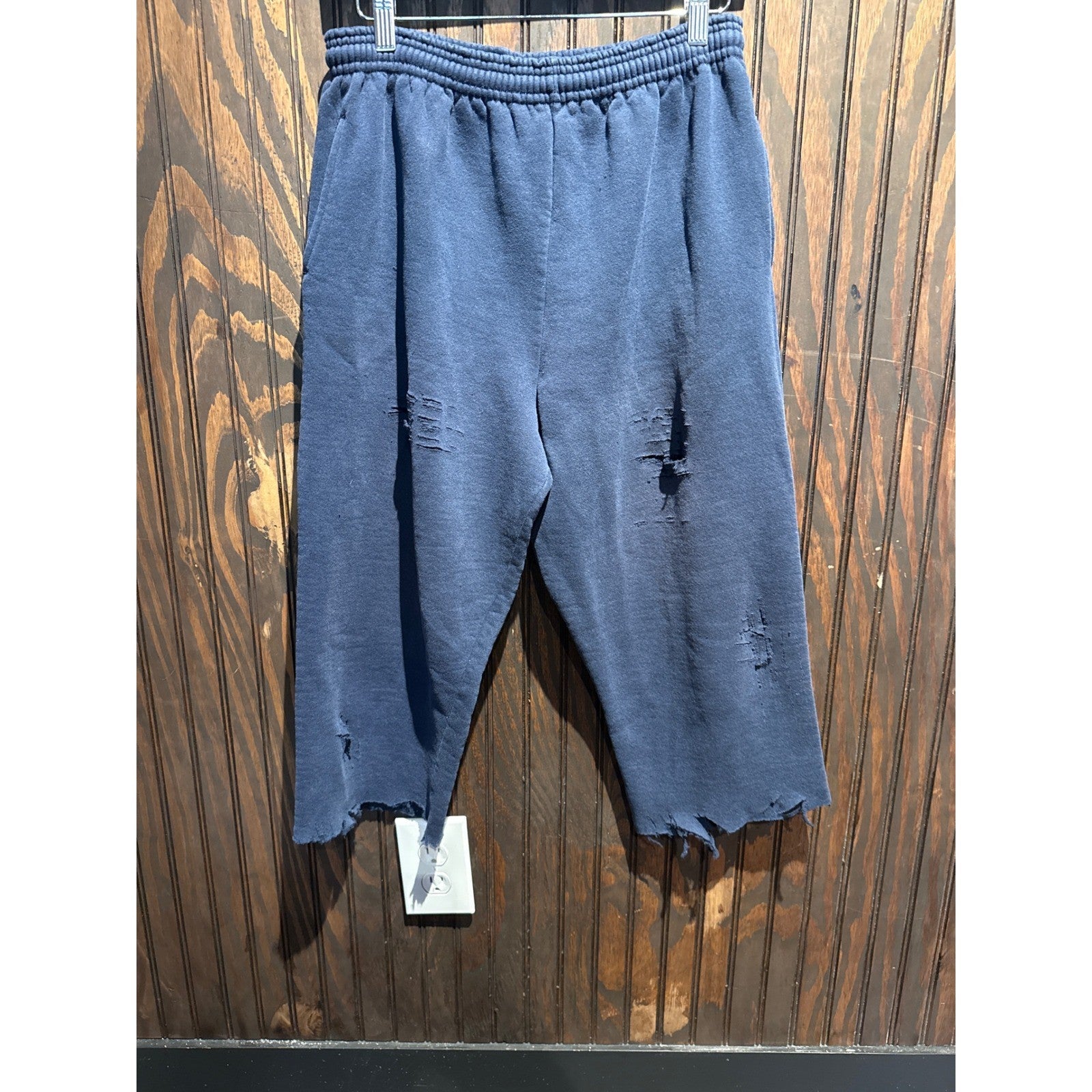 Vintage Distressed Navy Blue Sweatpants Raw Hem Cropped Joggers Mens Small 14x19