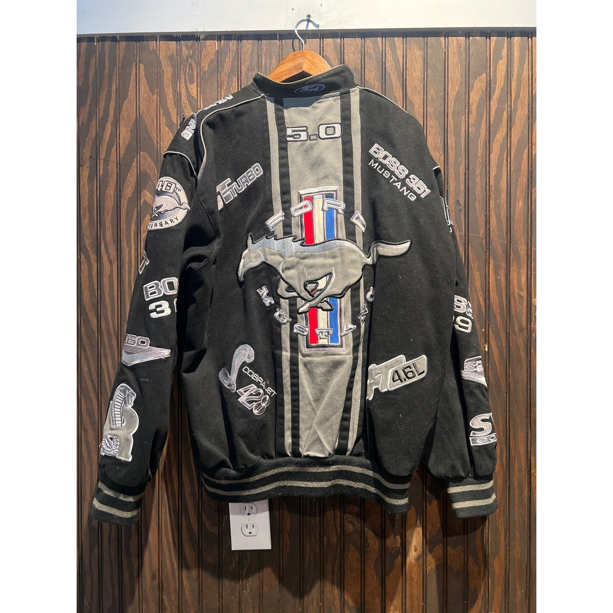 JH Design Ford Mustang Racing Jacket Black Cotton Twill Embroidered SVT GT Large