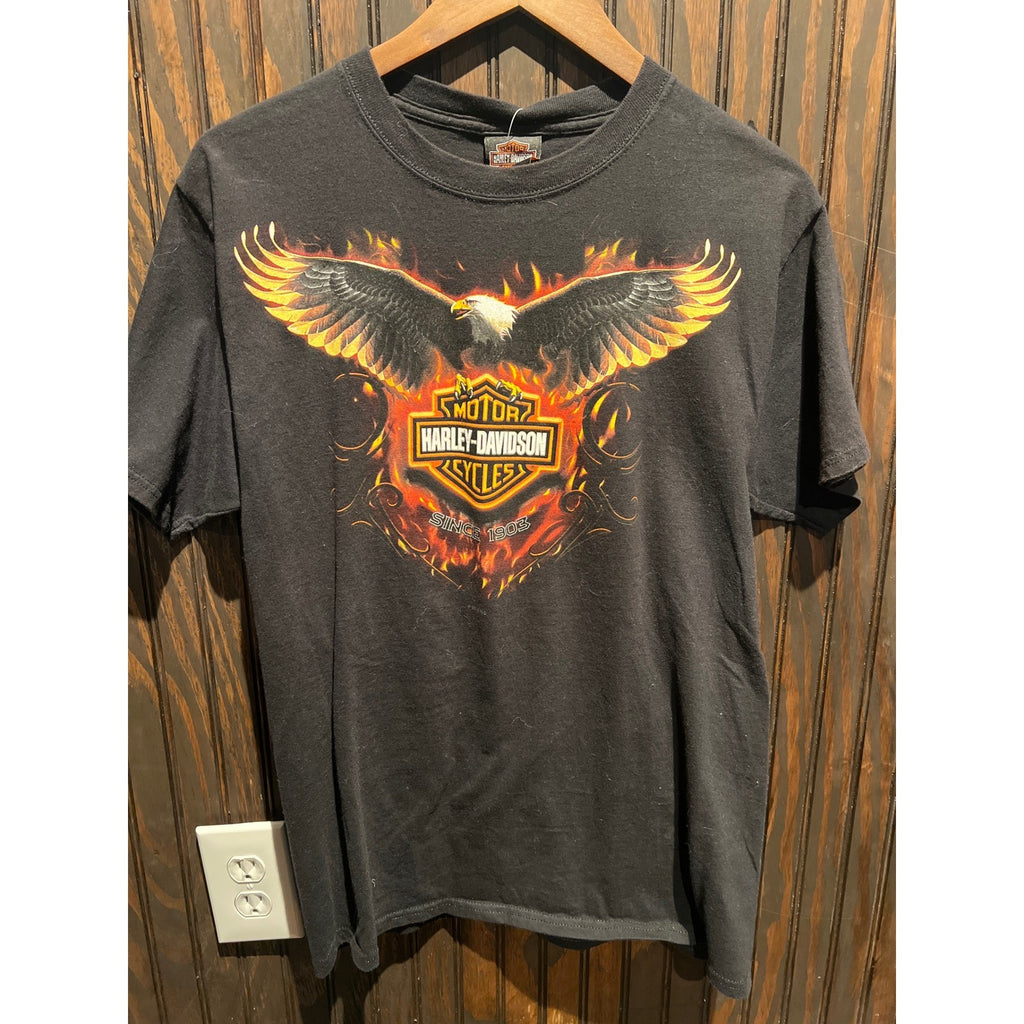 Harley Davidson Eagle Flame Graphic T-Shirt Black Short Sleeve Biker Tee Small