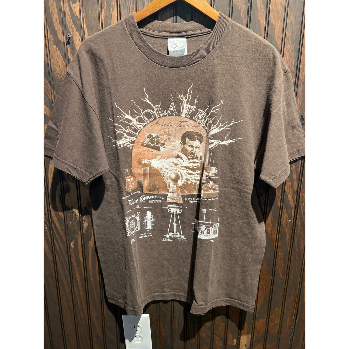 Nikola Tesla Inventions Graphic T-Shirt Brown Science Engineering Tee Mens L