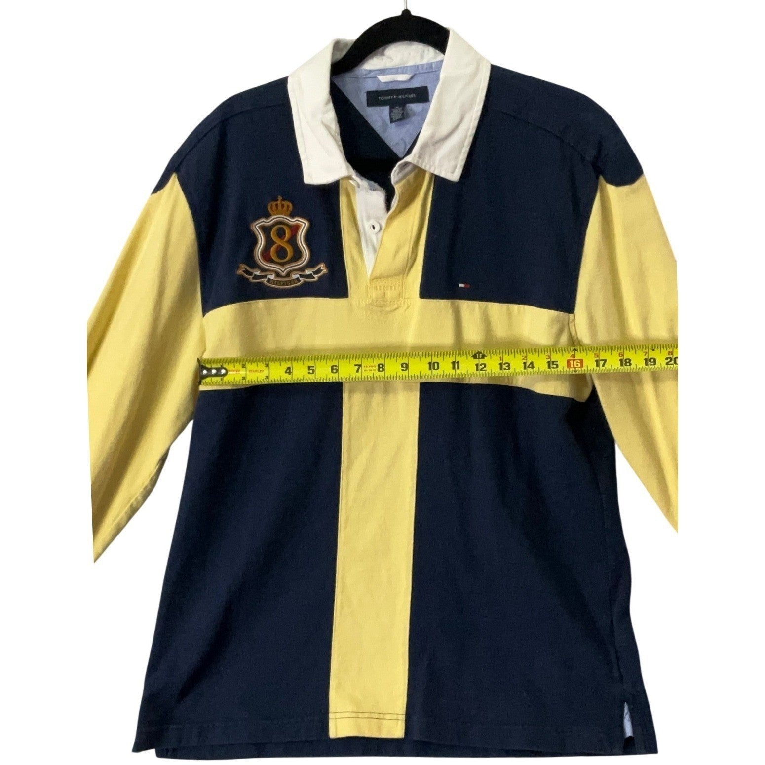 Tommy Hilfiger Rugby Shirt Yellow Navy Long Sleeve Crest Logo Men's Size M
