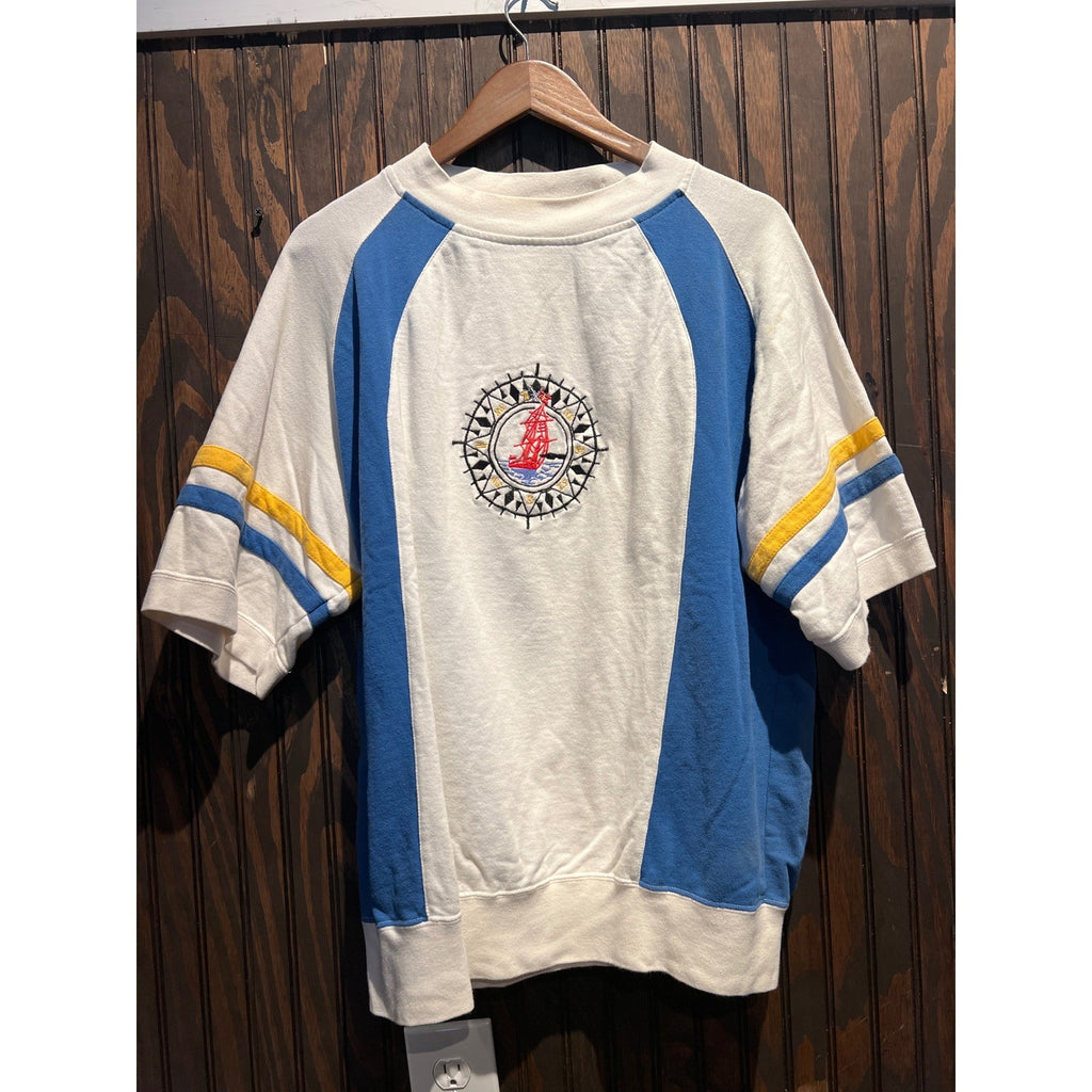 Vintage Kenny Rogers Nautical Short Sleeve Sweatshirt White Blue Embroidered L