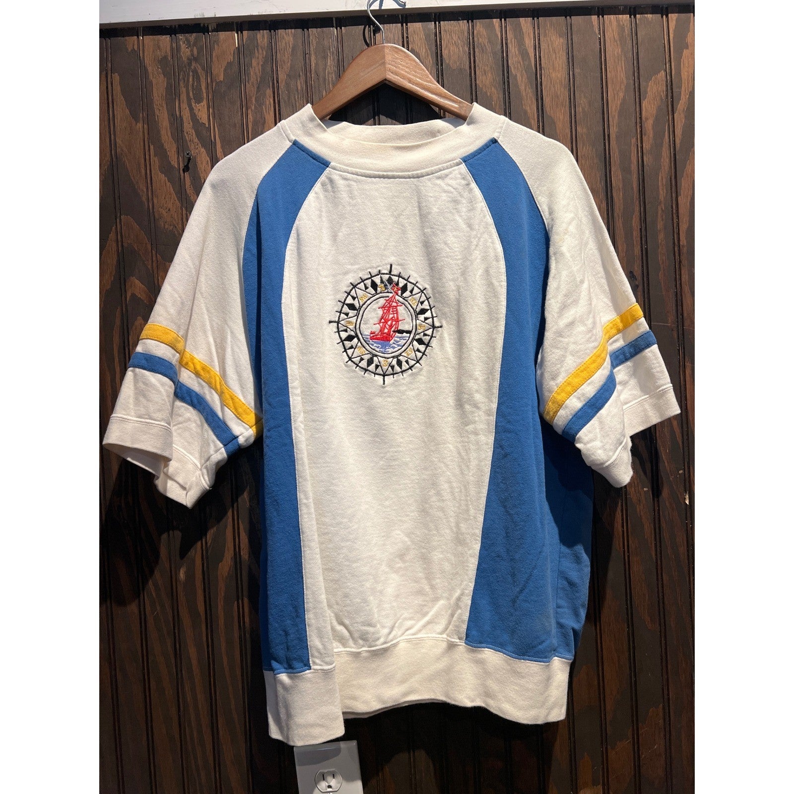 Vintage Kenny Rogers Nautical Short Sleeve Sweatshirt White Blue Embroidered L