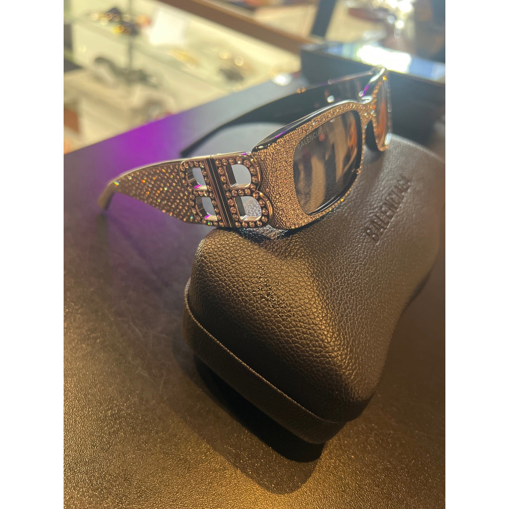Balenciaga BB0096S Crystal Embellished Rectangular Sunglasses Blk Silver BB Logo