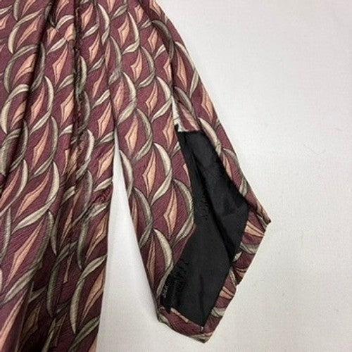 Mens Burgundy Tan Geometric Pattern Silk Necktie Made in USA
