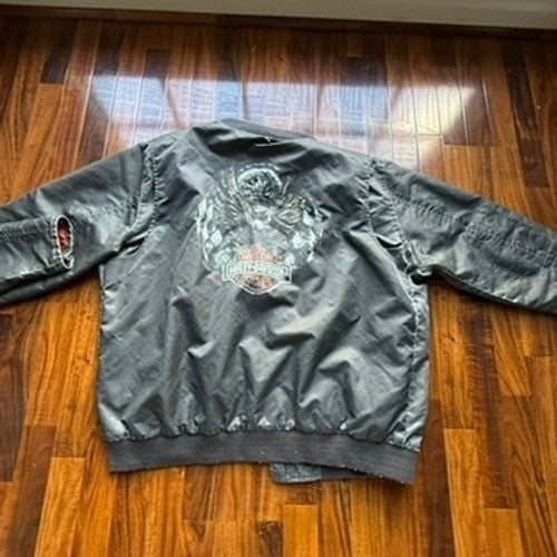 Harley Davidson Mens Bomber Jacket Gray Embroidered Biker Coat Large Logo