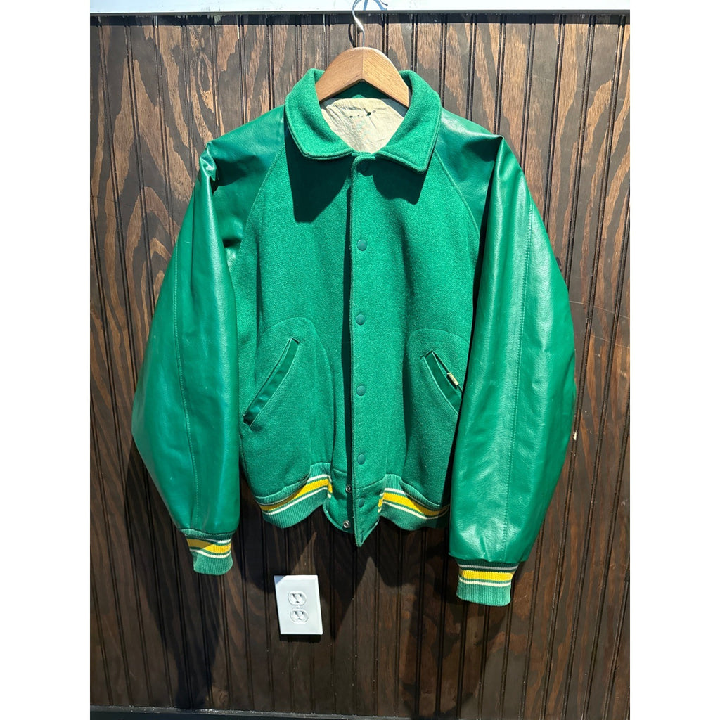 Vintage Green Varsity Jacket Wool Faux Leather Sleeves Striped Trim Mens Large