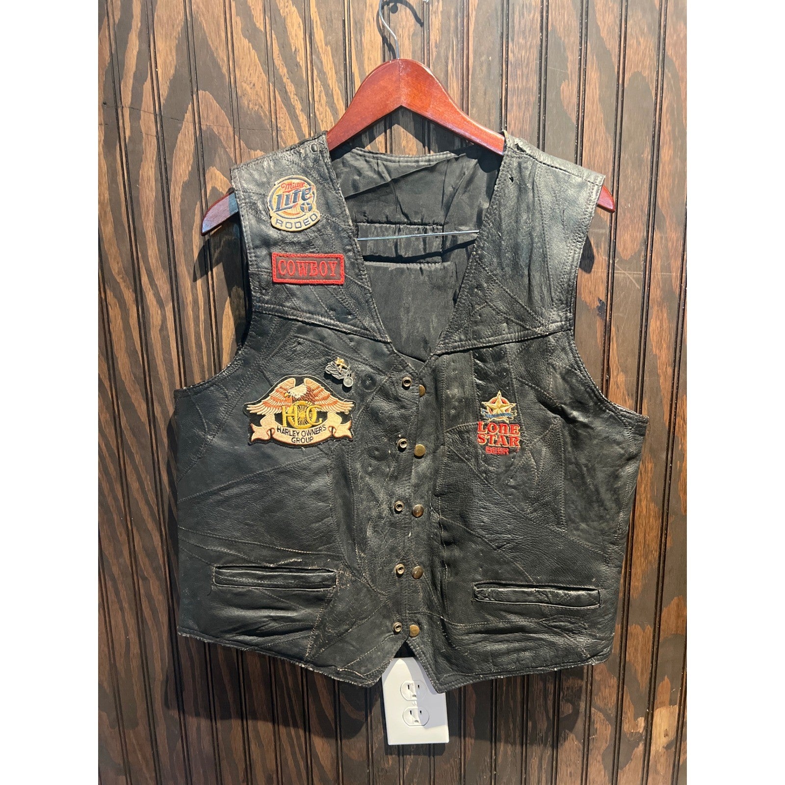 Vintage Harley Davidson Patched Leather Biker Vest Black Lone Star Beer HOG Mens