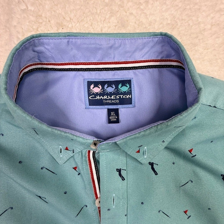 Charleston Threads Mens Golf Print Short Sleeve Button Down Shirt XL Light Blue