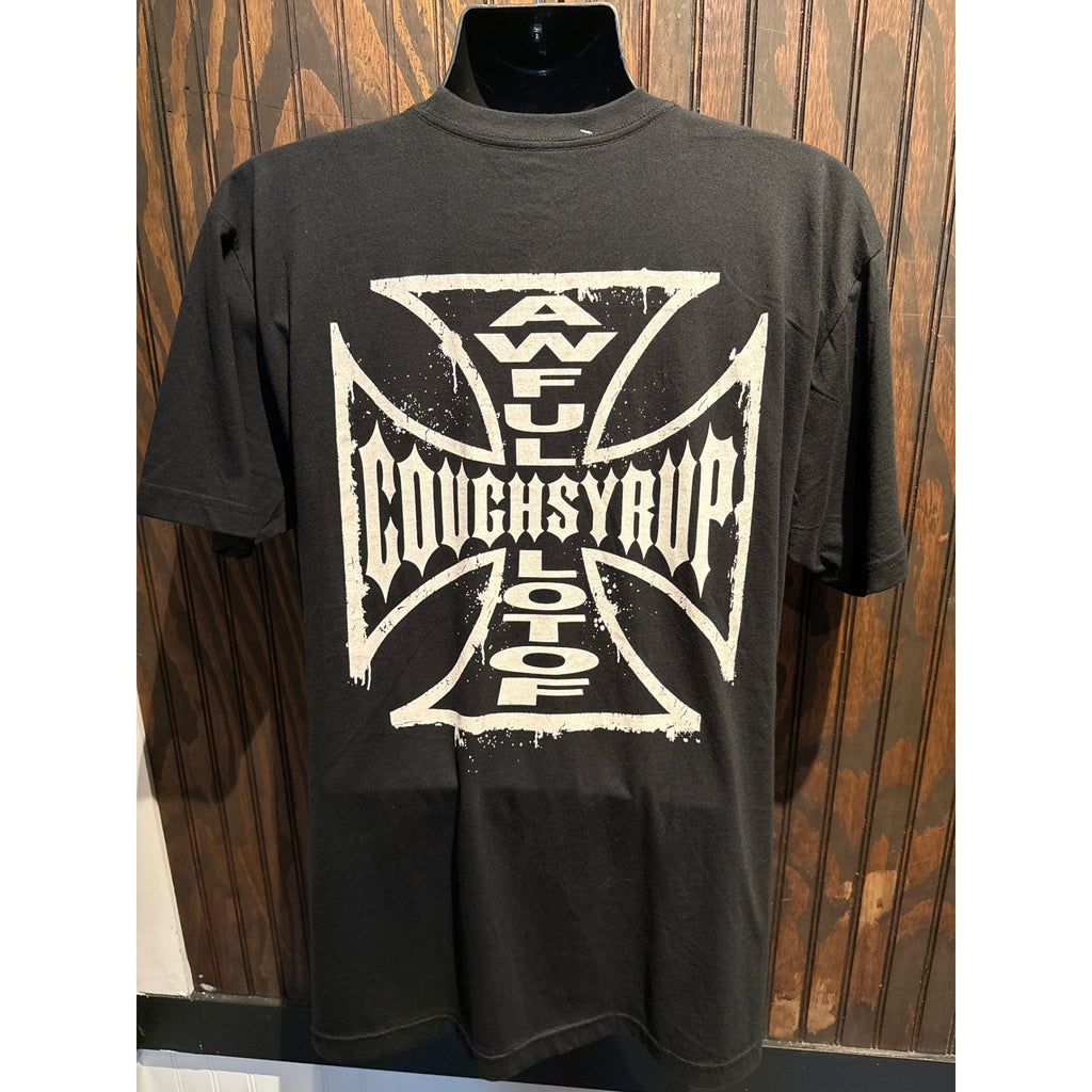 Awful Lot of Cough Syrup Mens Black Pocket Graphic T-Shirt Iron Cross Logo L