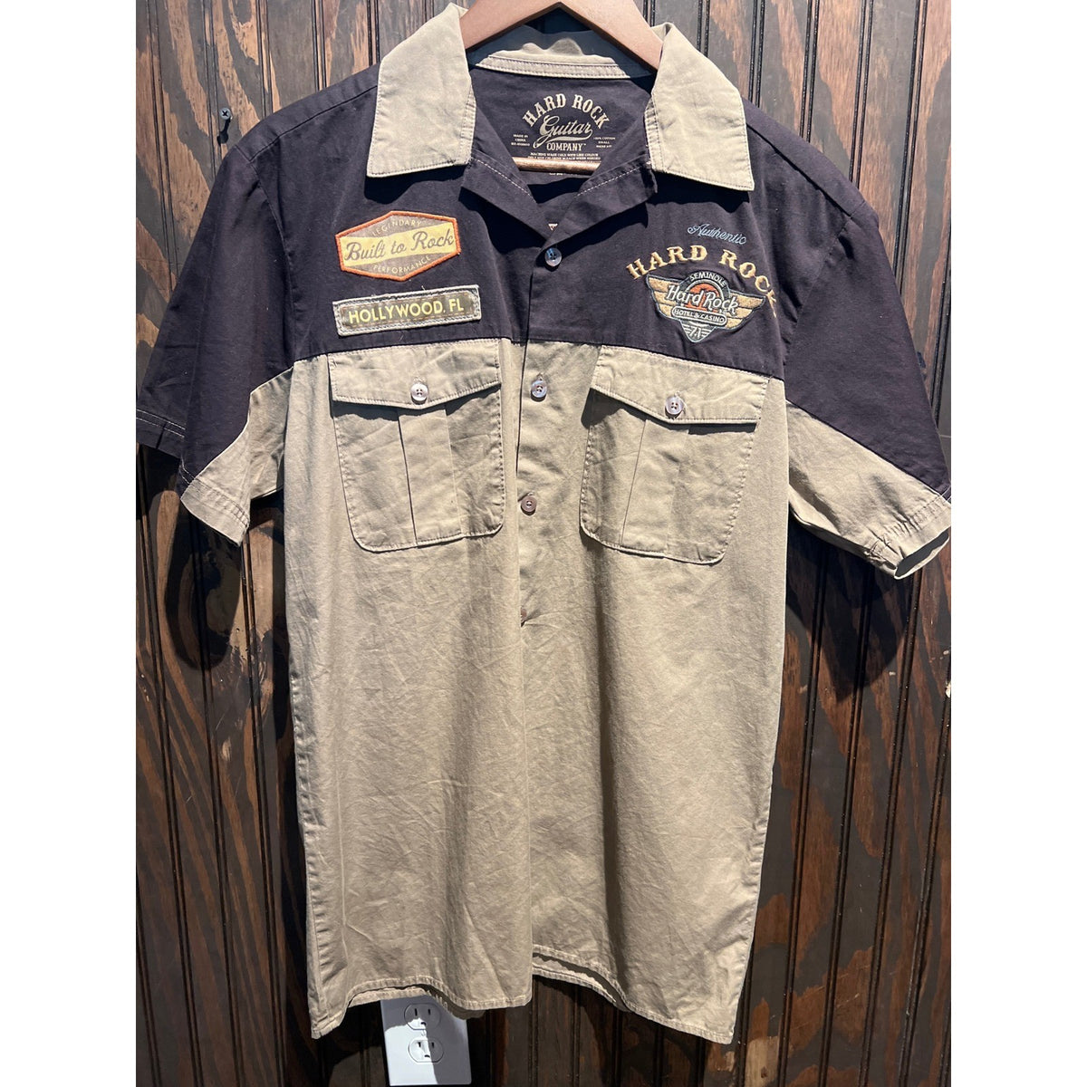 Hard Rock Guitar Company Hollywood FL Work Shirt Black Tan Mens XL 22x31