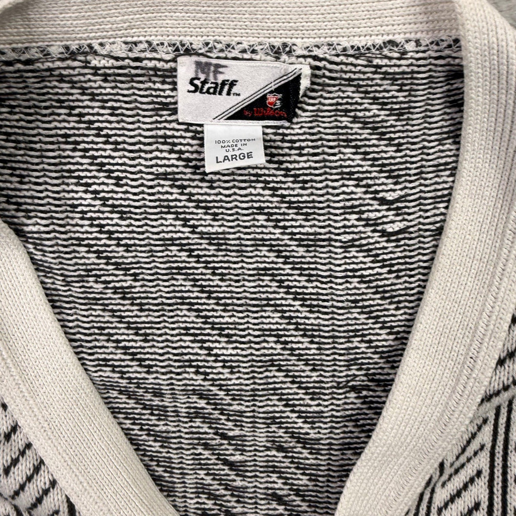 MF Staff Mens Large Cotton Cardigan Sweater Black White Stripe V Neck Pockets
