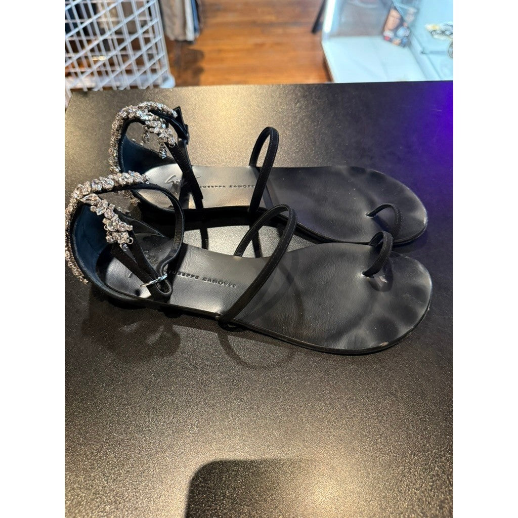 Giuseppe Zanotti Design Crystal Embellished Flat Sandals Black Size 37.5 Italy