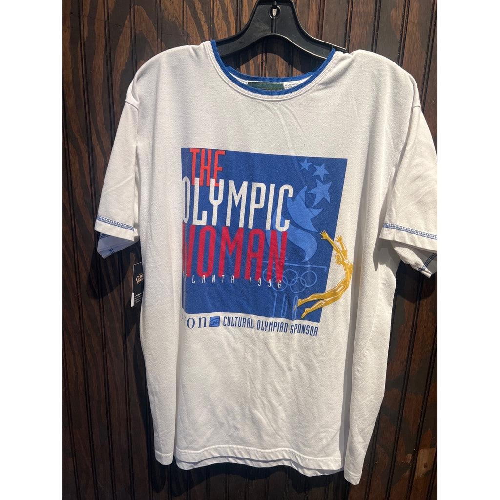 Vintage 1996 Atlanta Olympics The Olympic Woman T-Shirt White Blue Mens M/L