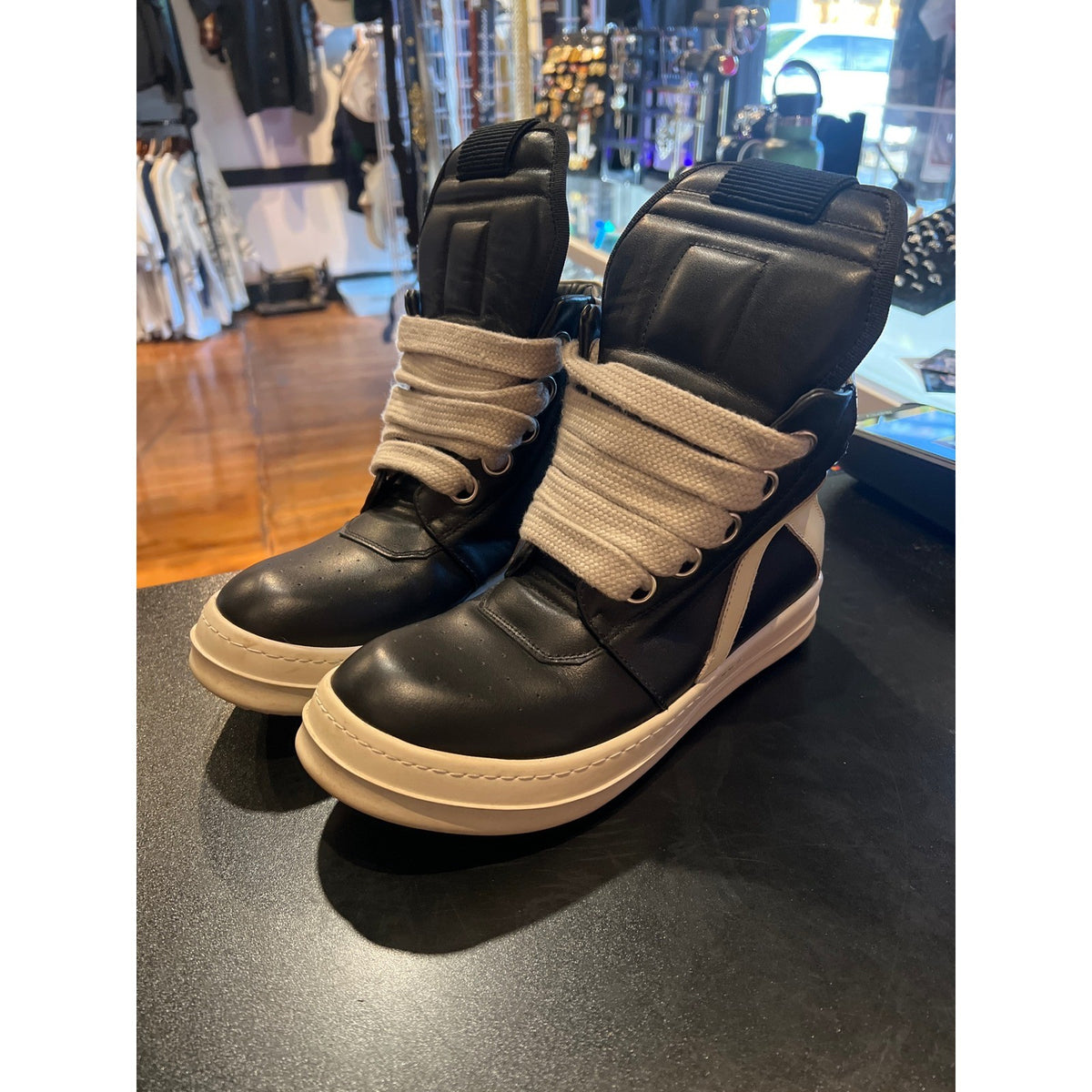 Rick Owens Geobasket High Top Sneakers Black Milk Leather Zip Size 40-41