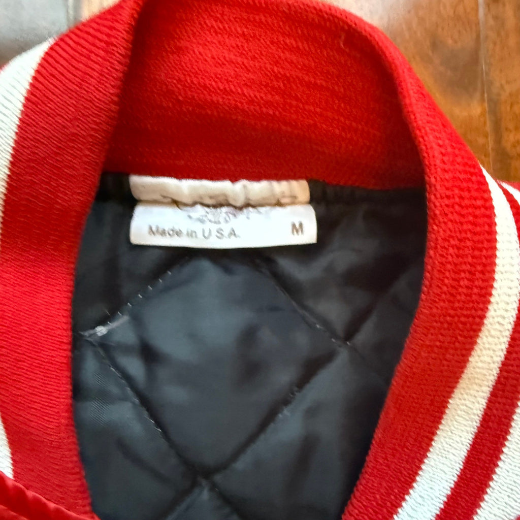 Vintage Red Satin Bomber Jacket Mens Medium Conway Communications Made in USA
