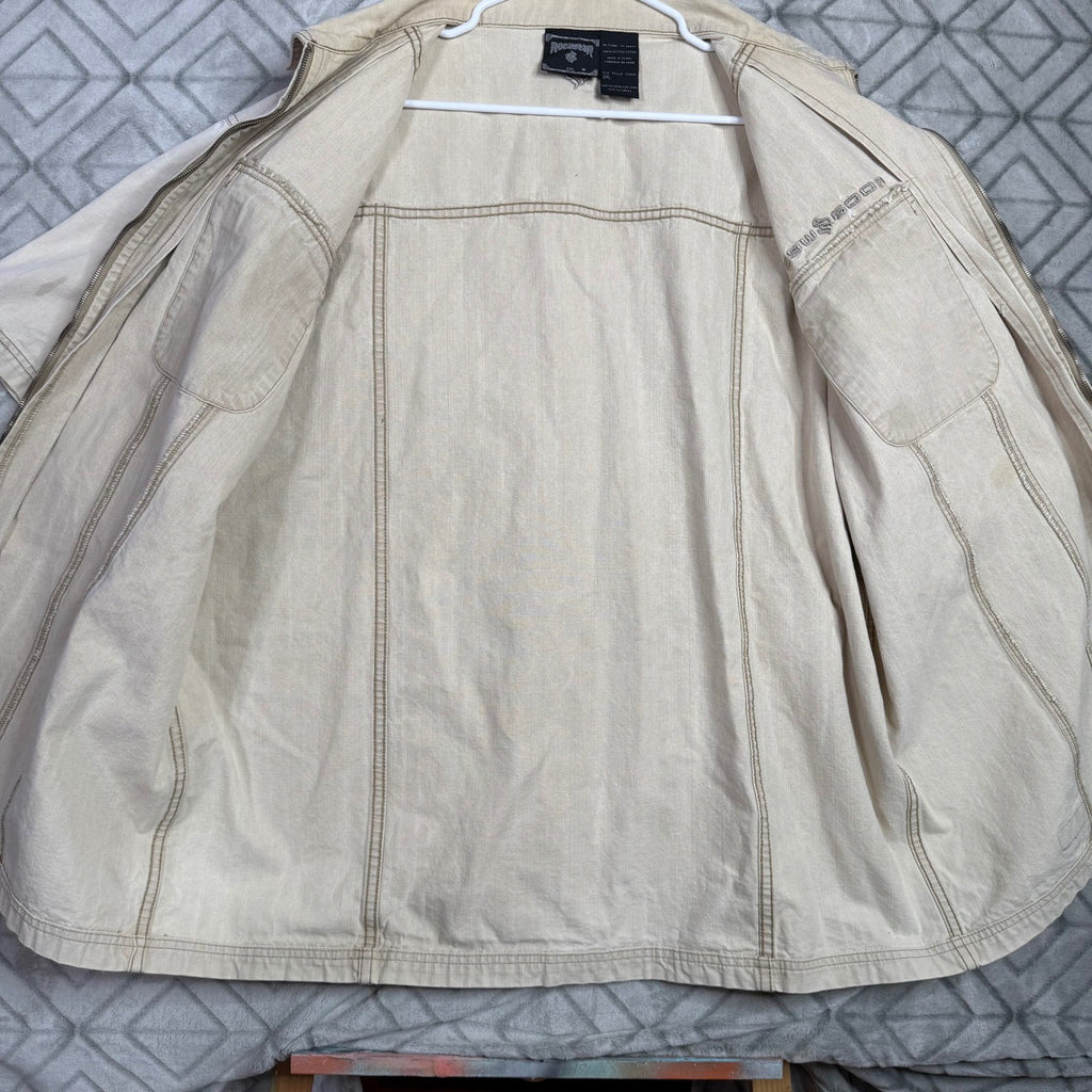 Rocawear Men's Tan Short Sleeve Zip Up Workwear Shirt Casual Tan Size XL