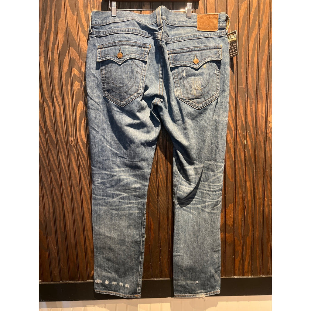 True Religion Ricky Straight Leg Jeans Mens 40x31 Medium Wash Distressed Blue