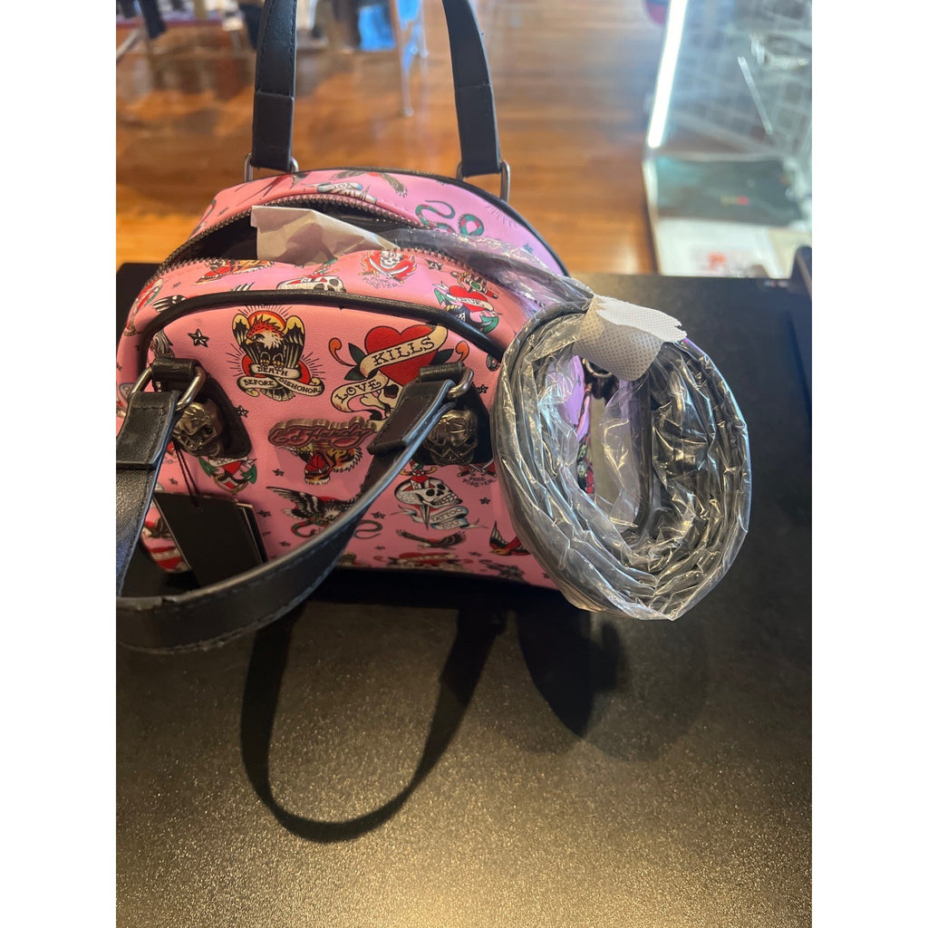 Ed Hardy Pink Tattoo Print Mini Bowler Bag Skull Hardware Y2K Satchel NEW