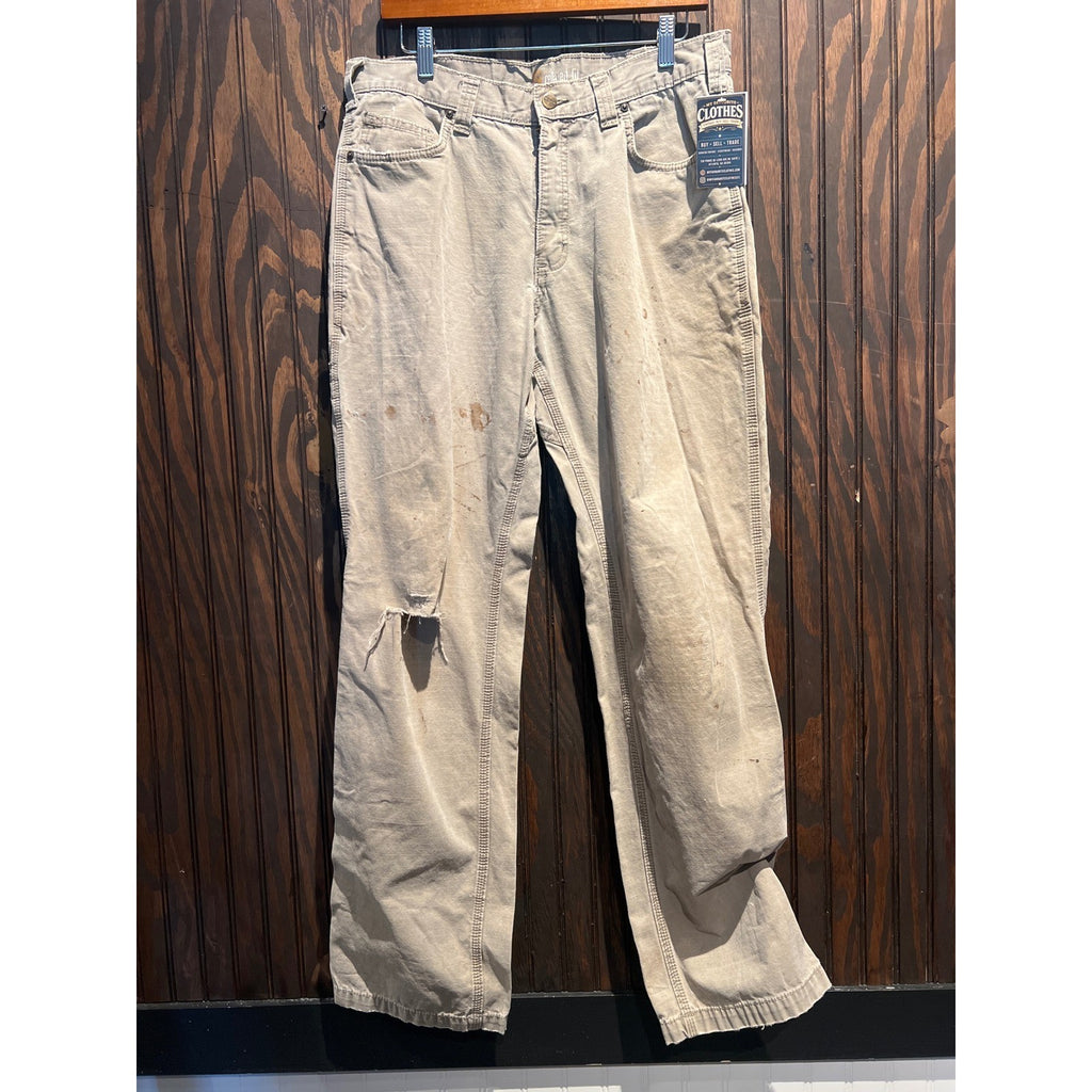 Carhartt Relaxed Fit Work Pants Tan Distressed Canvas Stained 34x33 Mens