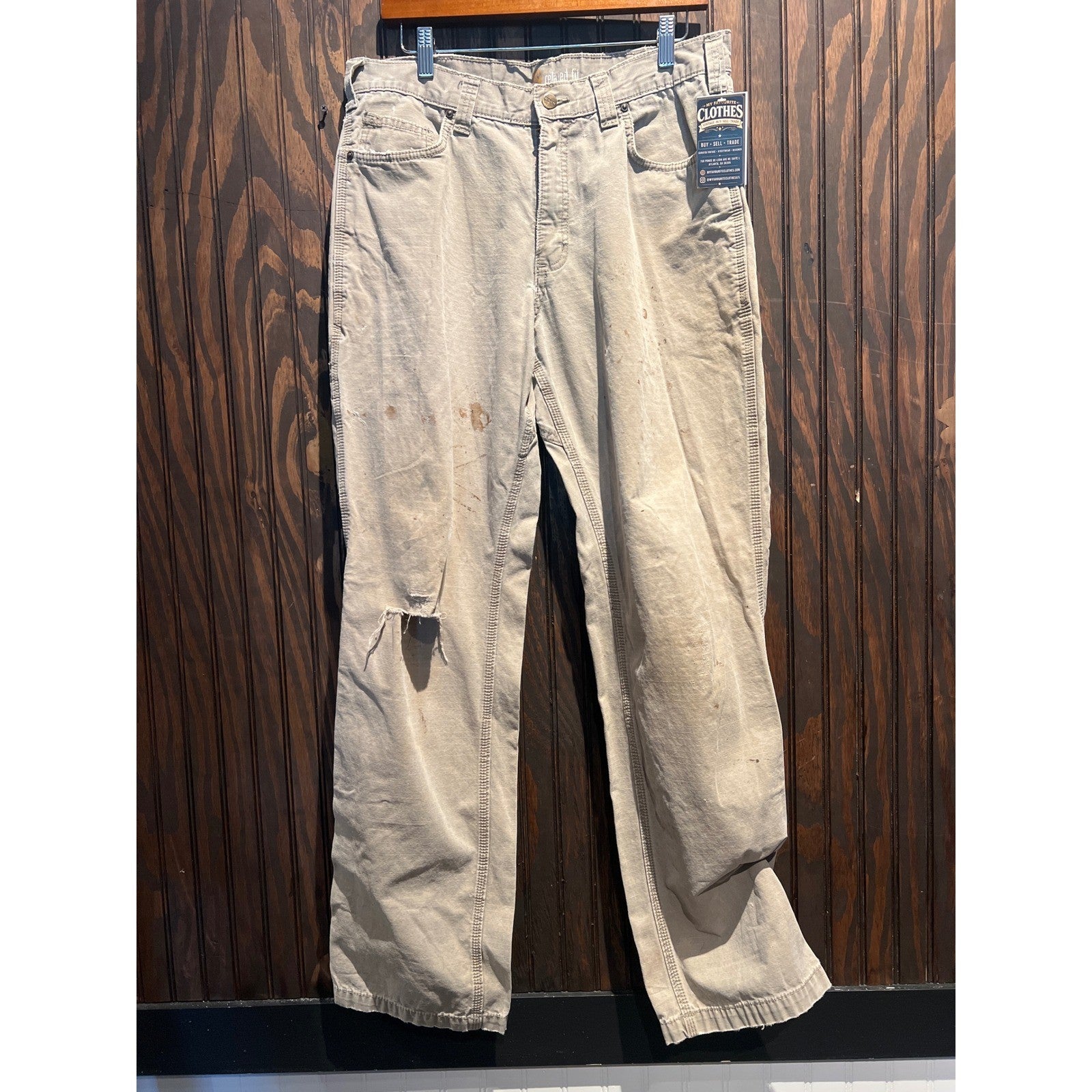 Carhartt Relaxed Fit Work Pants Tan Distressed Canvas Stained 34x33 Mens