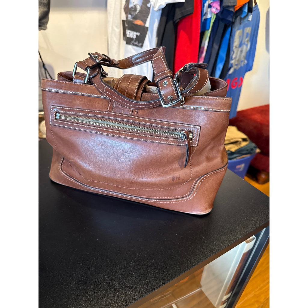 Coach Hampton Carryall Brown Leather Shoulder Bag Buckle Detail Contrast Stitch