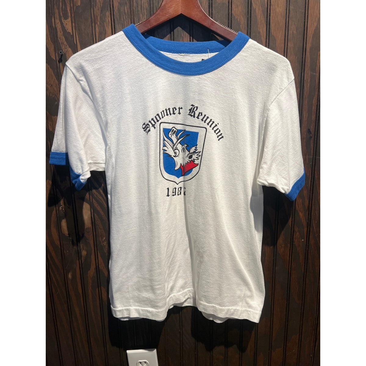 Vintage 1987 Spooner Reunion Ringer T-Shirt White Blue Graphic Tee 80s Shirt
