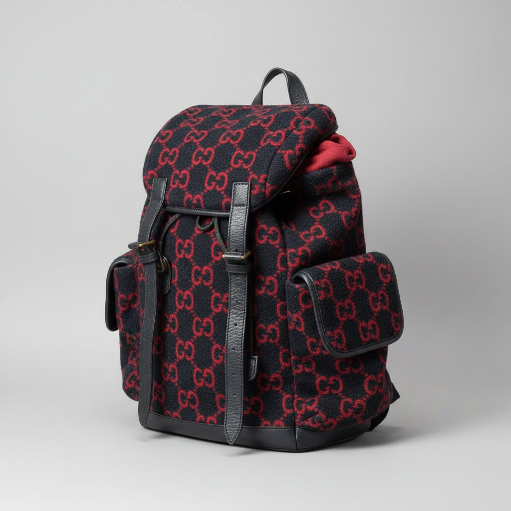 Gucci GG Monogram Wool Leather Backpack Navy Blue Red Large Rucksack Italy
