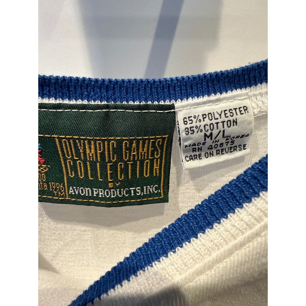Vintage 1996 Atlanta Olympics The Olympic Woman Ringer T-Shirt White Blue XL