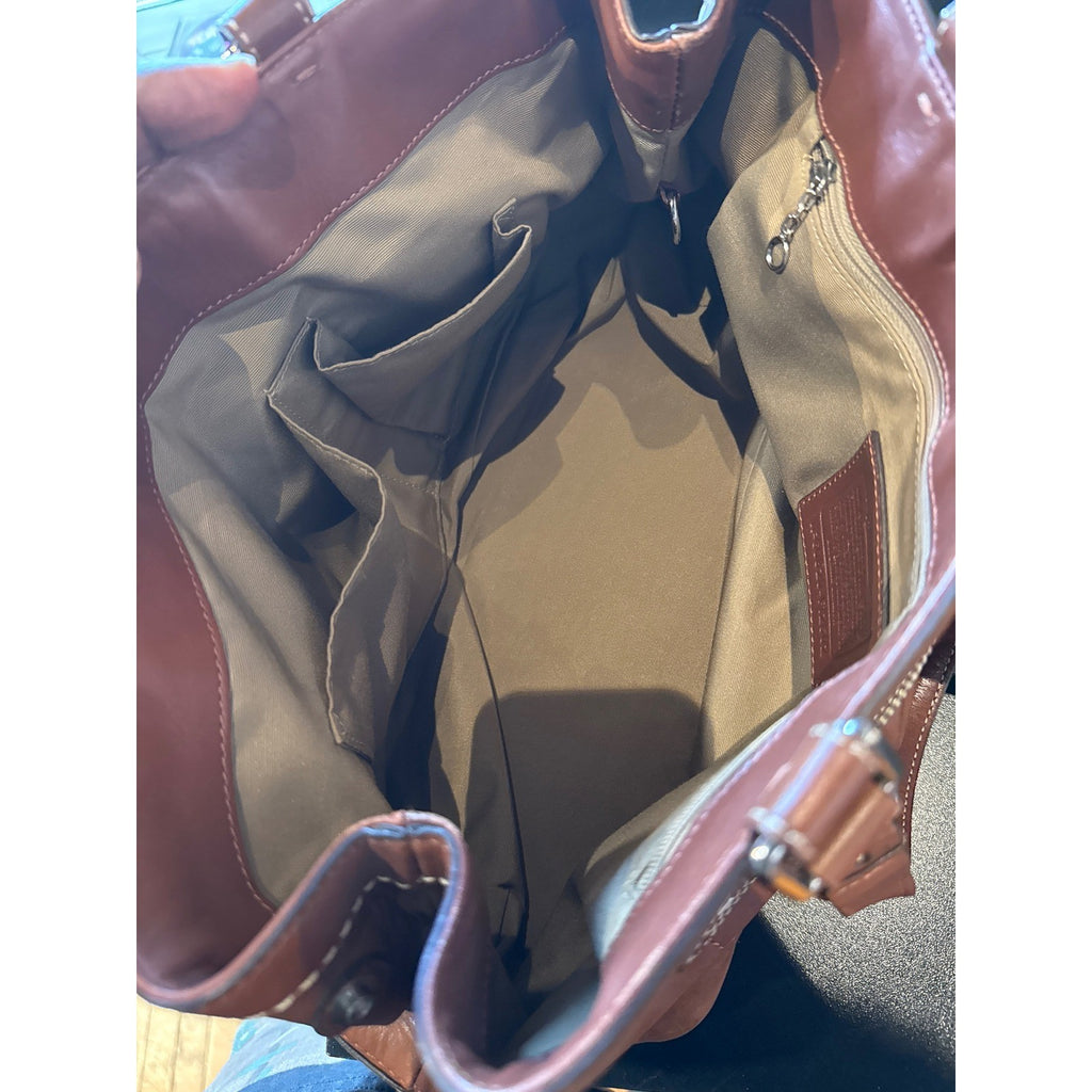 Coach Hampton Carryall Brown Leather Shoulder Bag Buckle Detail Contrast Stitch