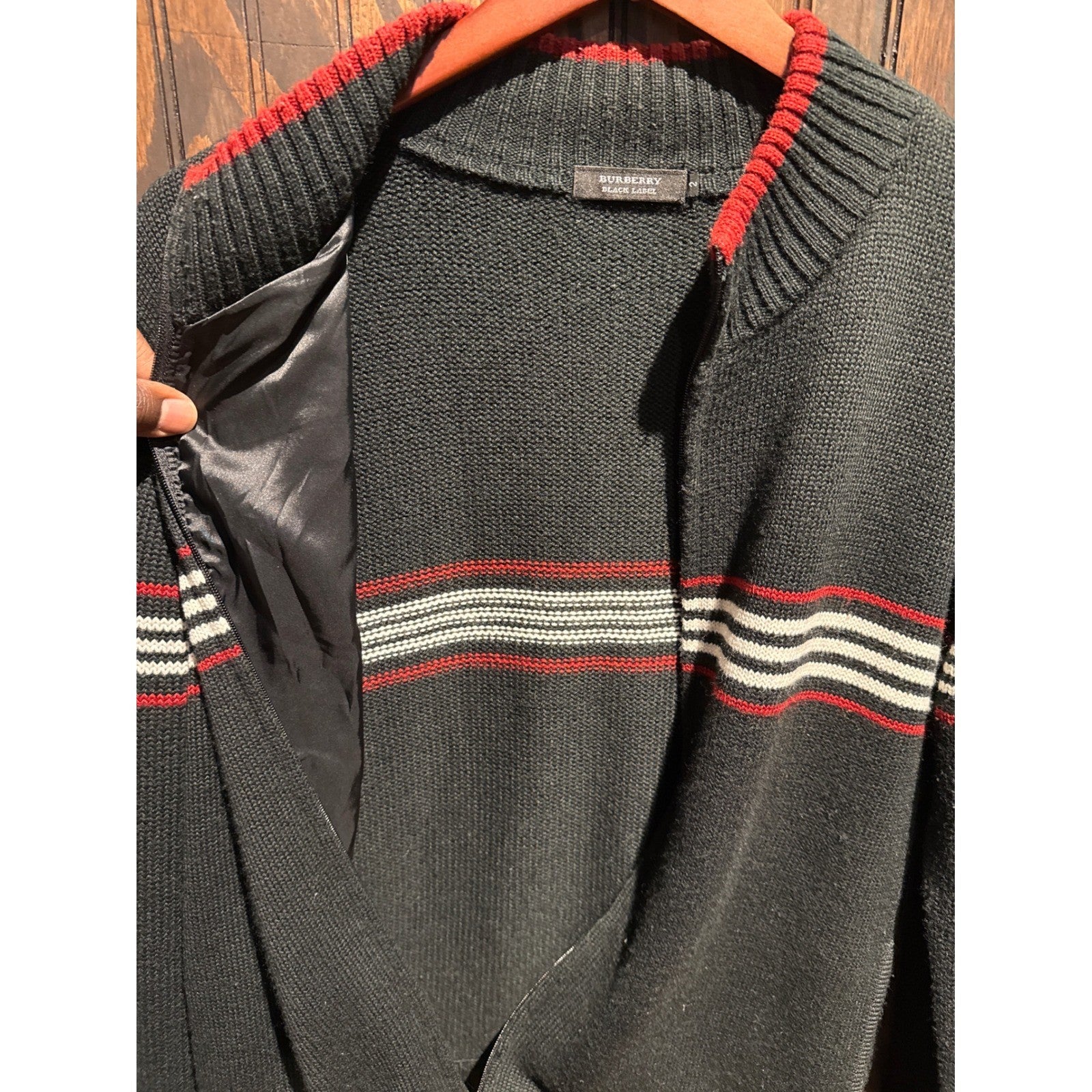 Burberry Black Label Mens Full Zip Striped Knit Sweater Grey Red Knight Logo