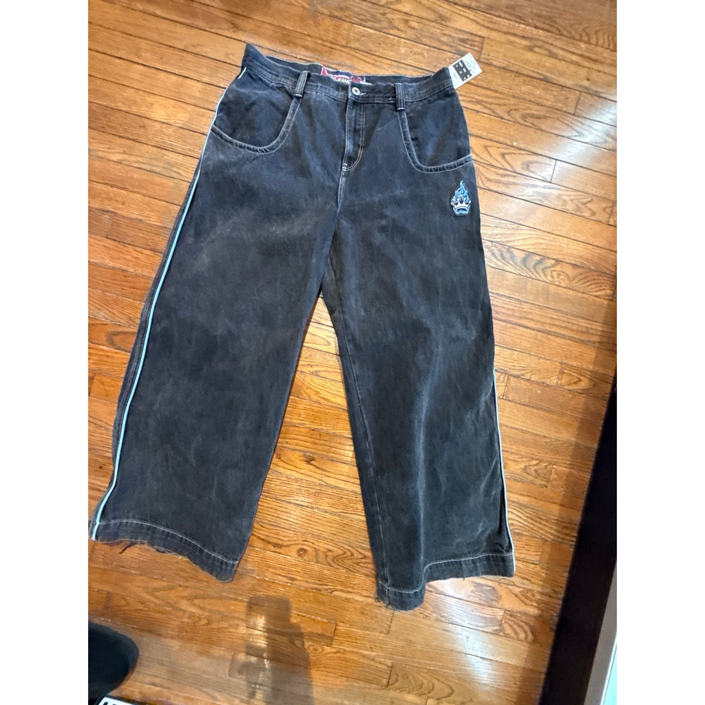 JNCO Jeans Vintage 90s Wide Leg Baggy Faded Black Denim 36x32 Embroidered Crown