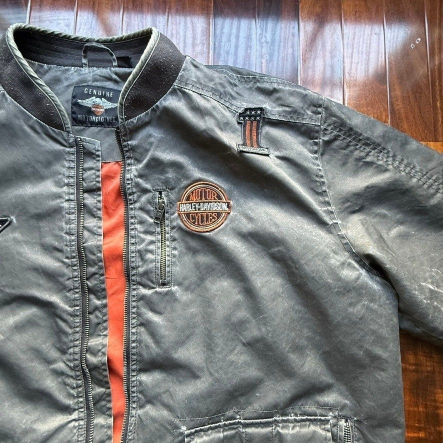 Harley Davidson Mens Bomber Jacket Gray Embroidered Biker Coat Large Logo