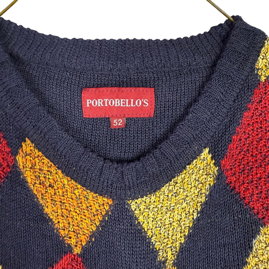Portobellos Mens Navy Blue Wool Argyle Knit Sweater Size 52