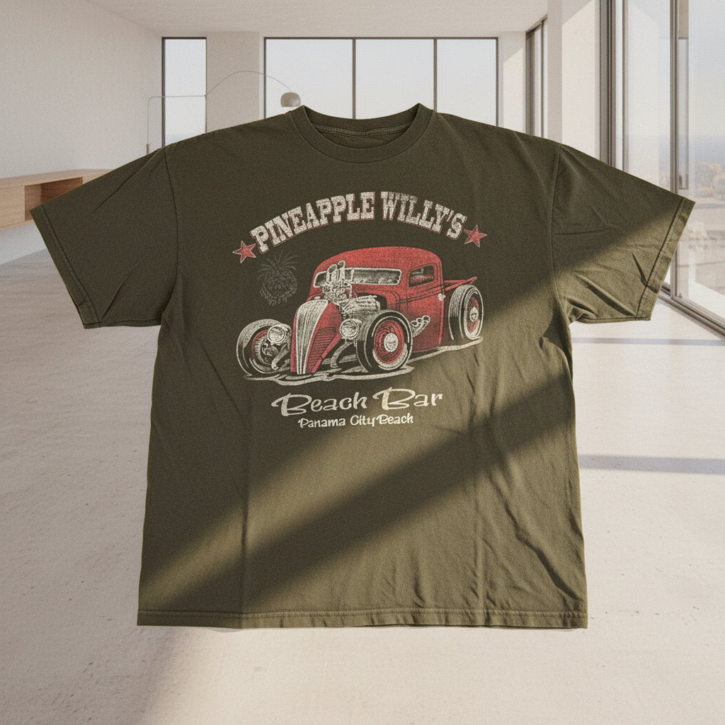 Gildan Pineapple Willys Beach Bar Hot Rod Graphic T-Shirt Mens XL Faded Black
