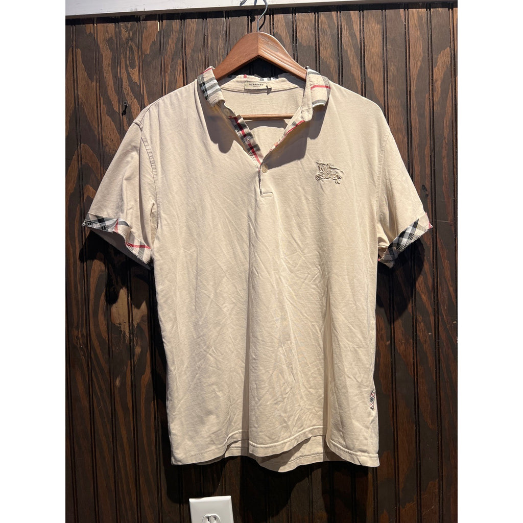 Burberry London Mens Polo Shirt Beige Nova Check Trim Equestrian Knight Logo L