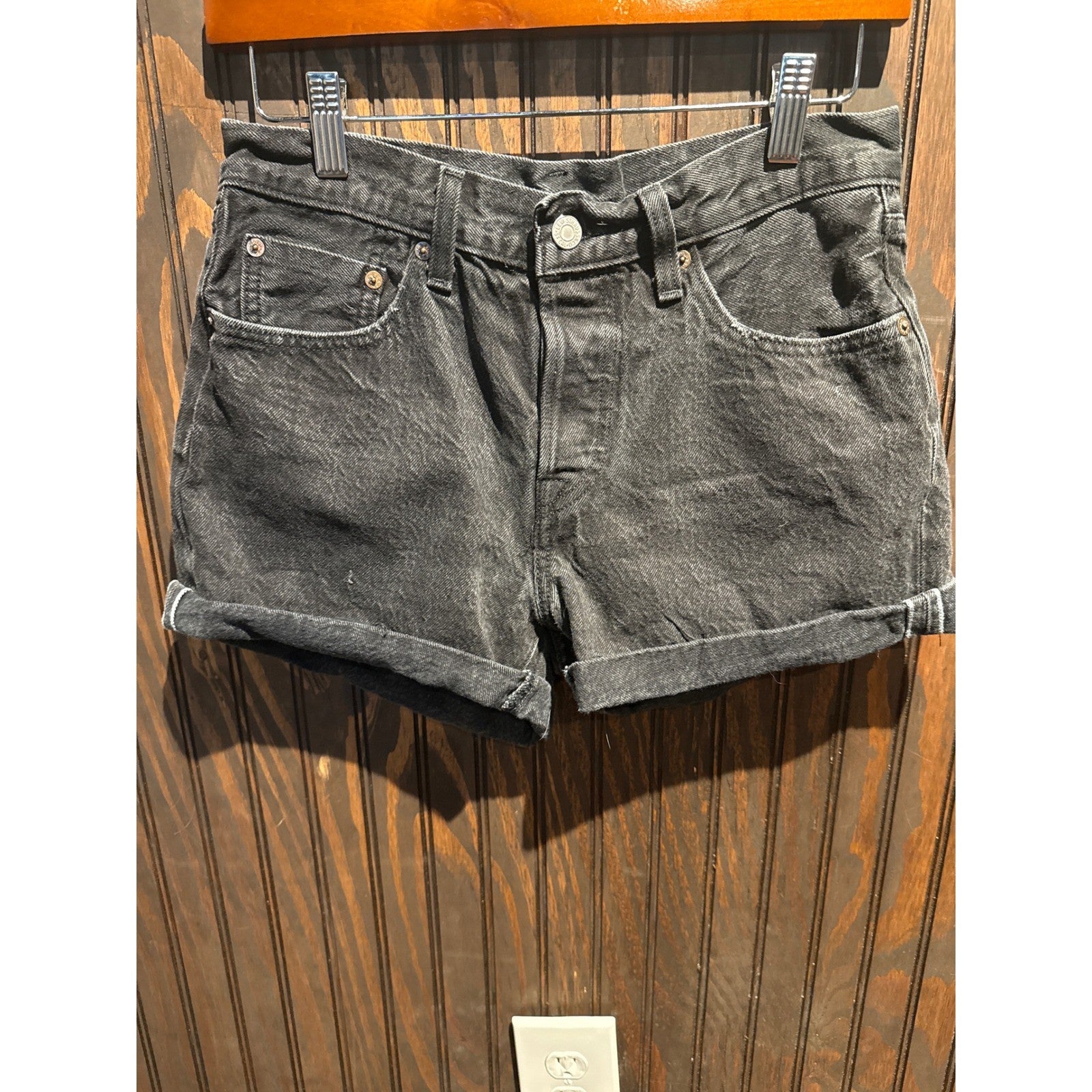 Levis 501 High Rise Denim Shorts Washed Black Cuffed Button Fly Cut Offs