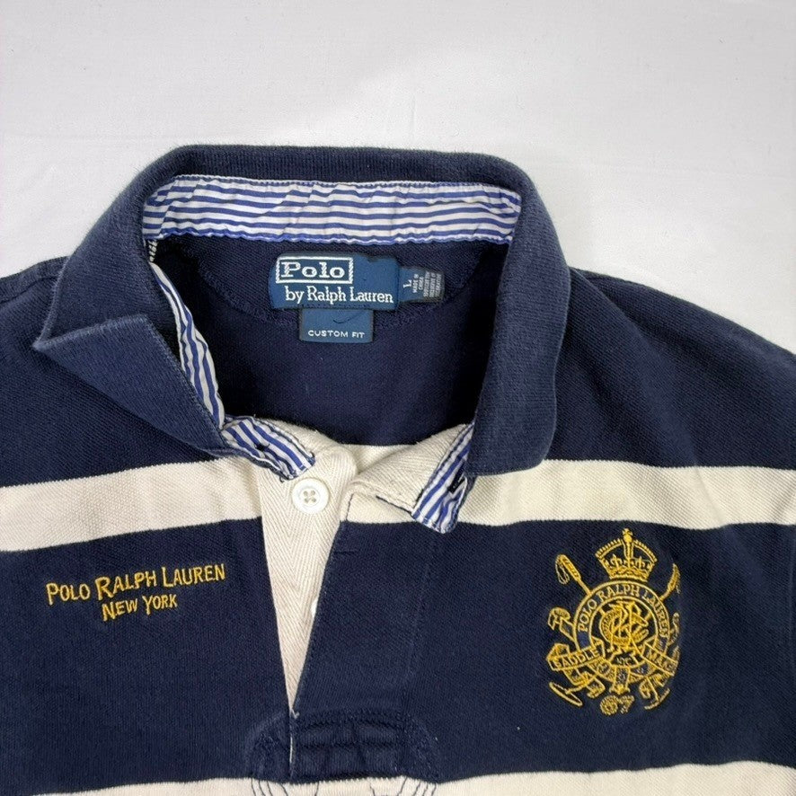 Polo Ralph Lauren Rugby Shirt Mens Navy Cream Stripe Crest Logo Custom Fit L