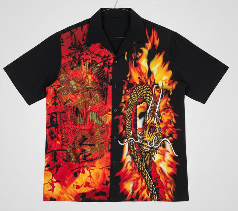 Dragon Fire Flame Art Short Sleeve Button Up Shirt Mens Size XL Black Red