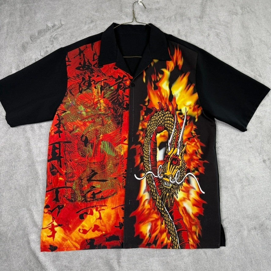 Dragon Fire Flame Art Short Sleeve Button Up Shirt Mens Size XL Black Red