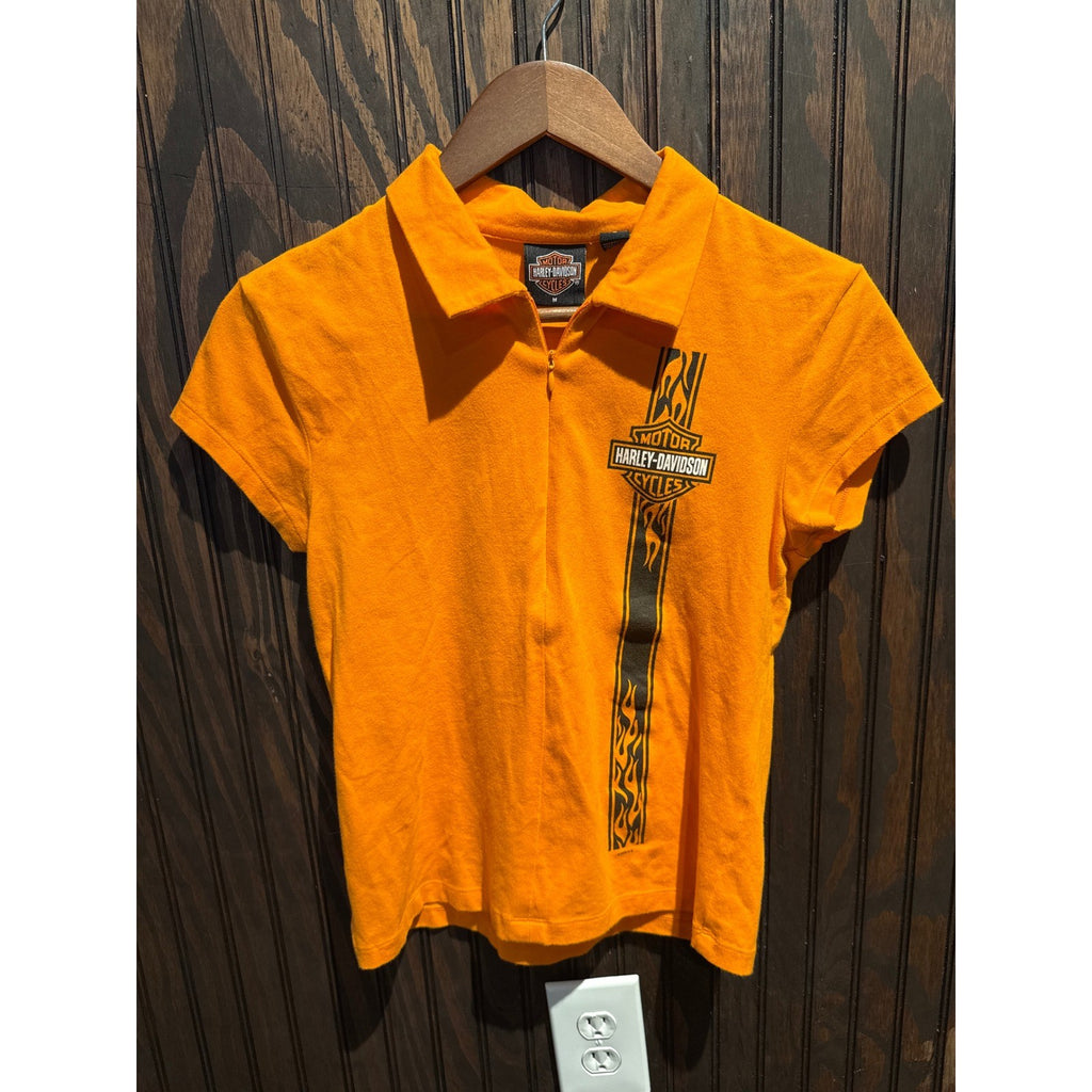 Harley-Davidson Womens Orange Flame Graphic Quarter Zip Polo Shirt Size M