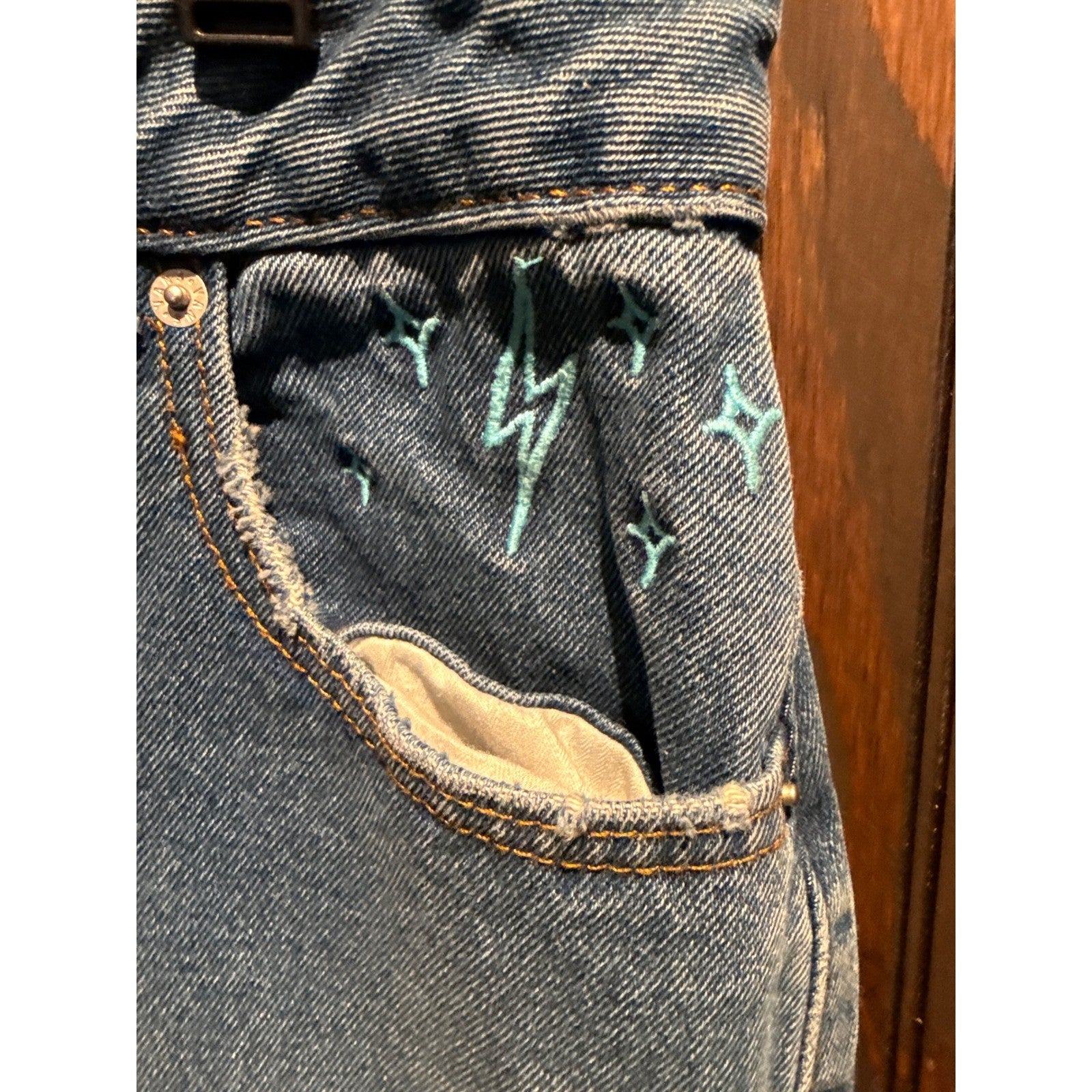 Bubblegum USA Wide Leg Jeans Blue Medium Wash Embroidered Star Lightning Bolt 28