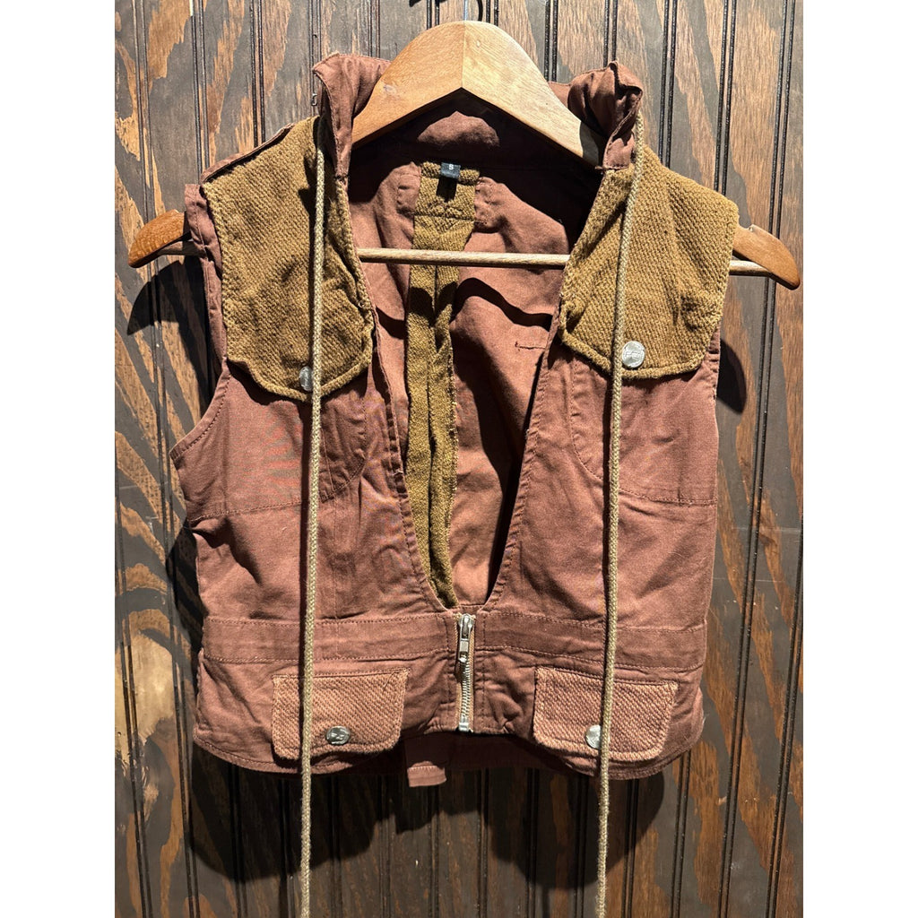 Womens Brown Utility Cropped Vest Mixed Media Zip Front Sleeveless Jacket S
