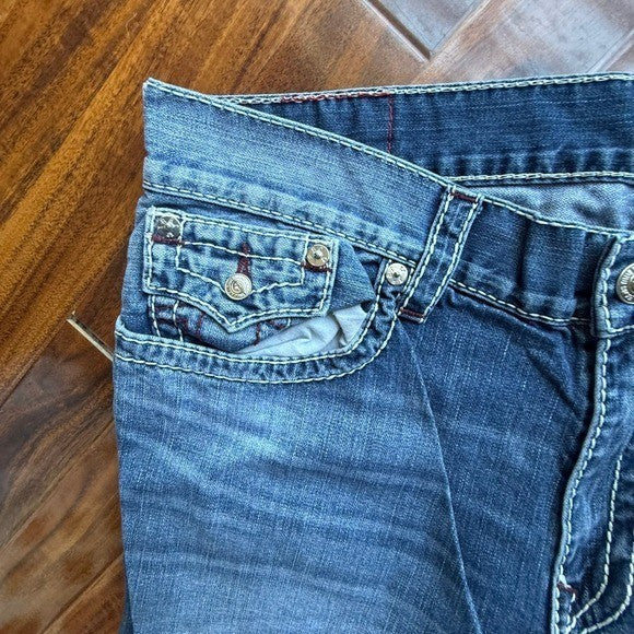 True Religion Mens Big T Burgundy Slim Flap N Straight Leg Jeans Blue Size 40