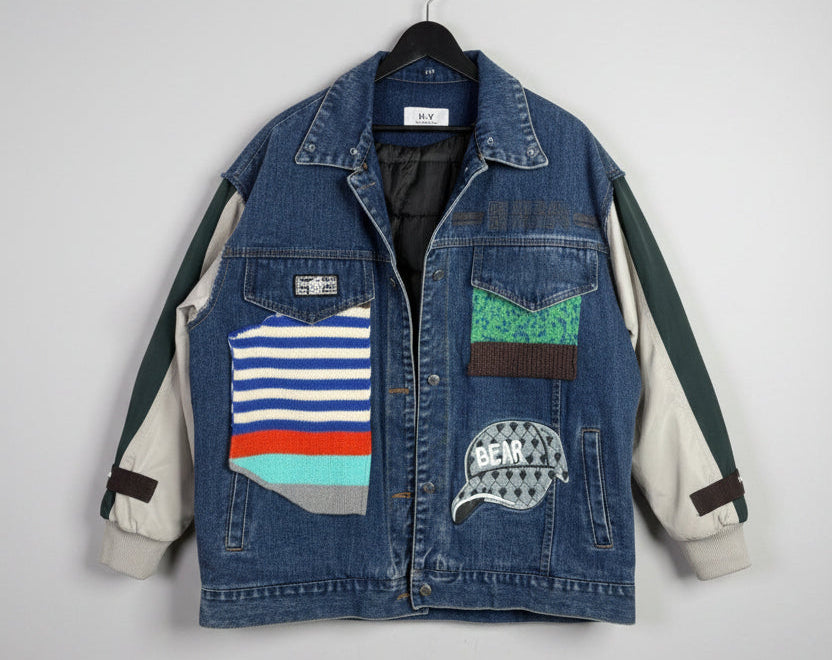 Mens Denim Jacket Patched Collage Graphic Embroidered Distressed Unique