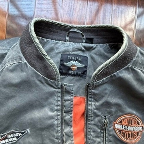 Harley Davidson Mens Bomber Jacket Gray Embroidered Biker Coat Large Logo